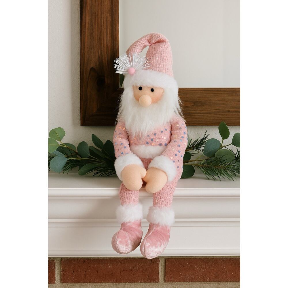 Whimsical Pink Santa Plush Doll Sequined Outfit White Beard Christmas Decor - Picture 2 of 6